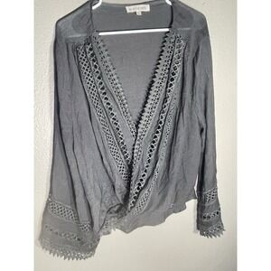 Philosophy Top Women's L Charcoal Gray Boho Crochet Flutter Sleeve High Low Wrap